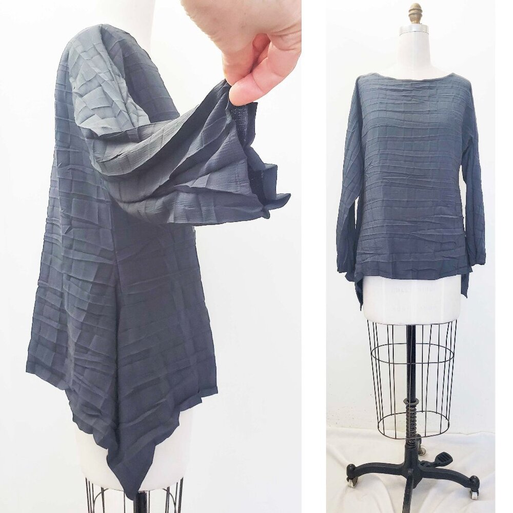 Babette Womens Pleated Long Sleeve Top Tunic Blouse Grey Lagenlook Kimono